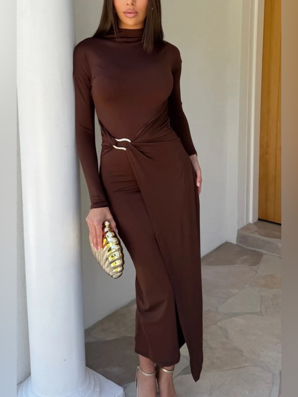 Commense Long Sleeve Brown Twist Detail Dress